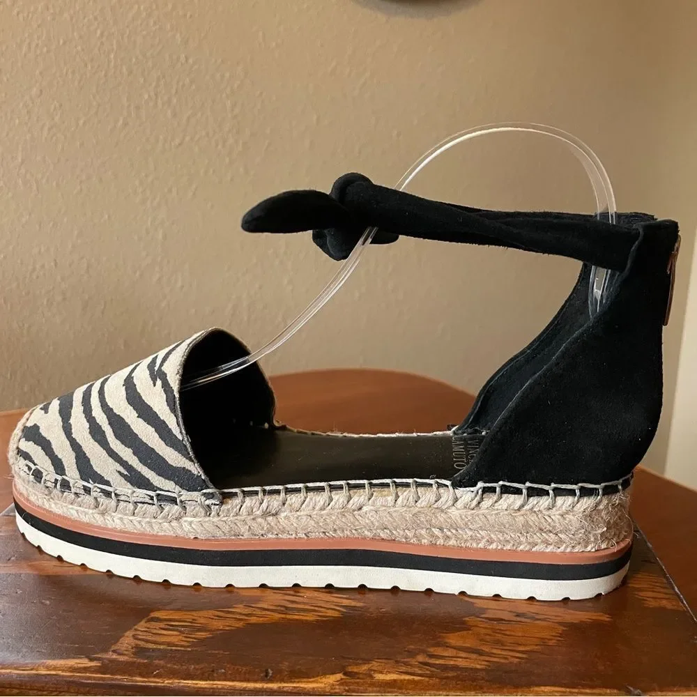 Vince Camuto Binadee Zebra Platform Espadrille Sandal Shoes Black Zip Ankle 7.5